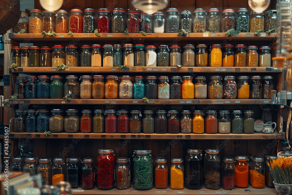 Shelves adorned with colorful jars of artisanal spices, creating a sensory feast in a gourmet grocery shop.