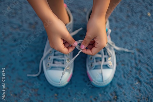 Close-up of a girl s hands tying her shoelaces.
