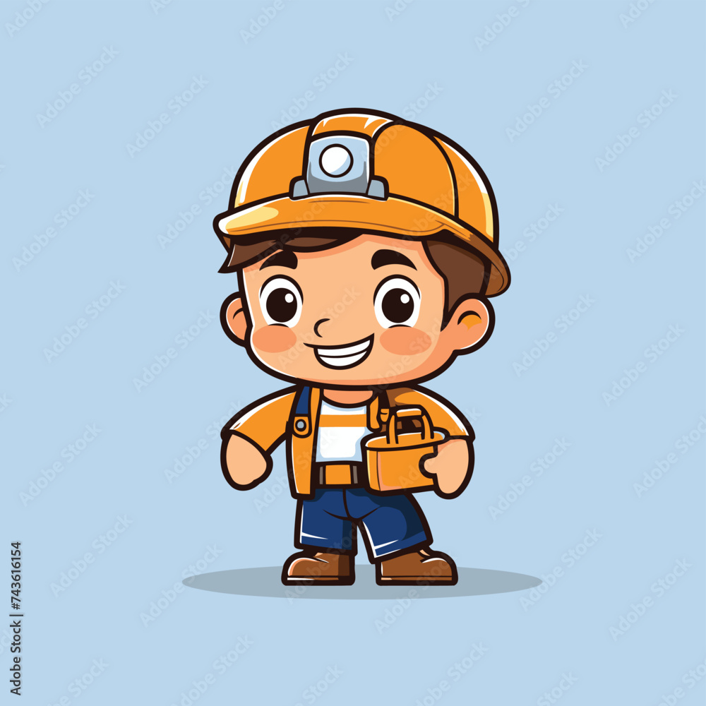 Cute Little Boy Construction Worker Cartoon Character. Vector Illustration.