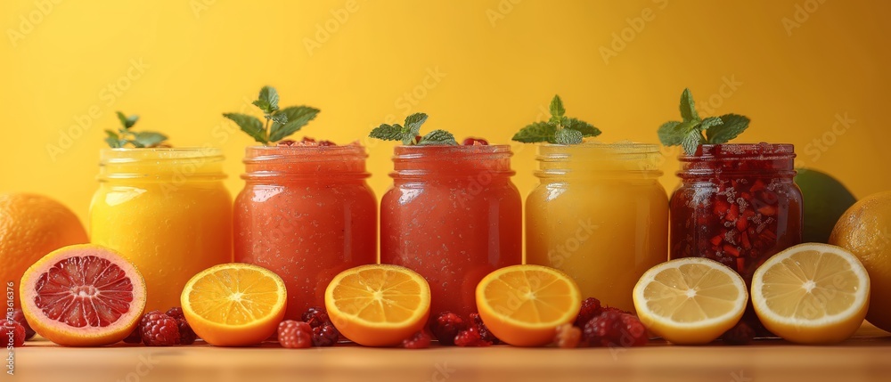Set of various fresh fruit smoothies or juice on yellow background Set of various fresh fruit smoothies or juice on yellow background