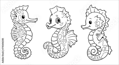 Set with funny seahorses to color in. Vector template for a coloring book with sea ​​animals. Coloring template for kids.