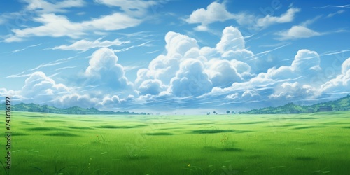 Green grass field against the blue cloudy sky