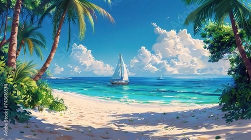 Sandy beach with palm trees and a sailing boat in the turquoise sea on Paradise island