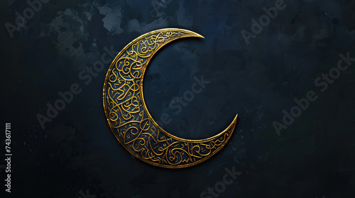 an islamic crescent moon with arabic pattern on navy background. ramadan kareem banner background. ramadan kareem holiday celebration concept