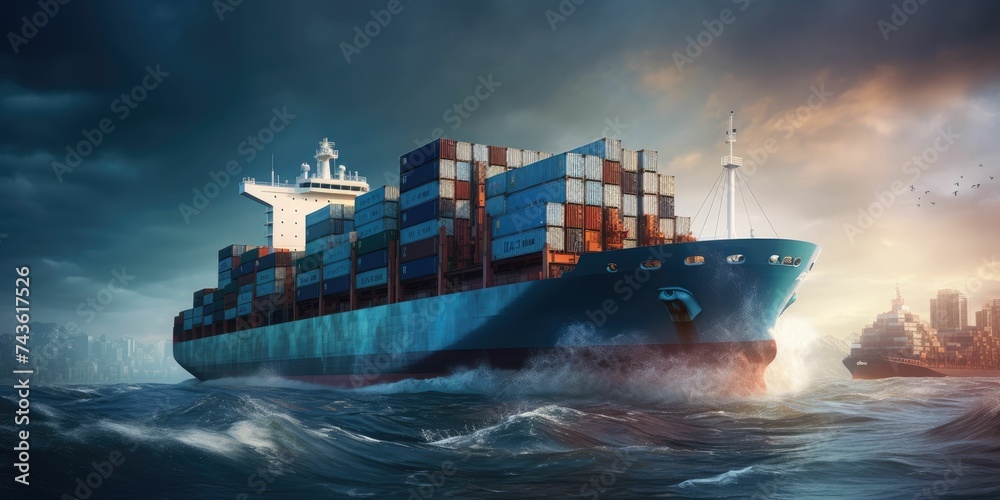 Large cargo ship transporting shipping container over oceans and around the world background - obrazy, fototapety, plakaty 