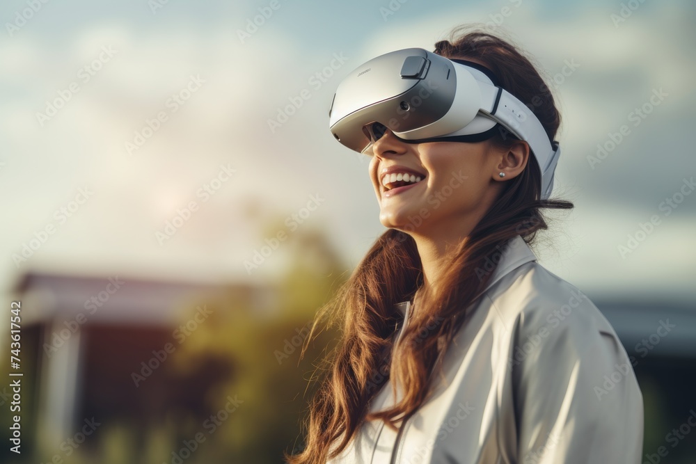 Woman experiencing virtual reality headset outdoors, joyful. Woman experiencing virtual reality headset outdoors, joyful.