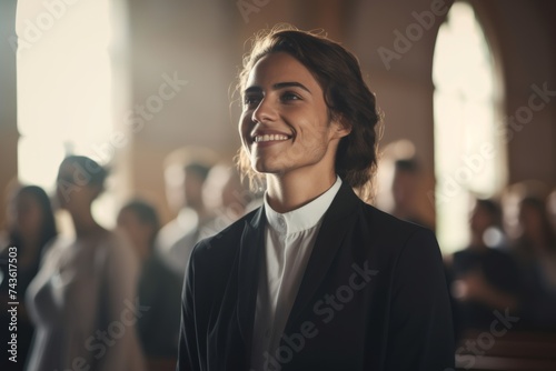 Smiling woman in clergy attire within a sunlit congregation.