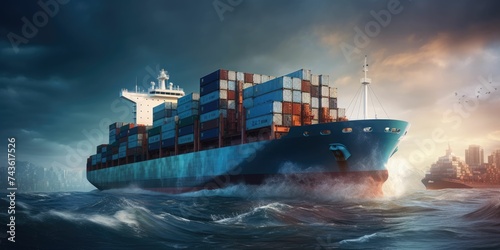 Large cargo ship transporting shipping container over oceans and around the world background