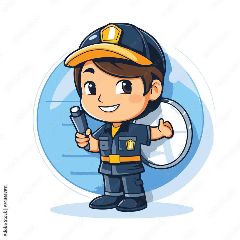 Fireman holding a flashlight. Cute cartoon character vector illustration.