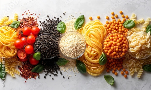 Food background with spaghetti or pasta recipe ingredient on wooden table
