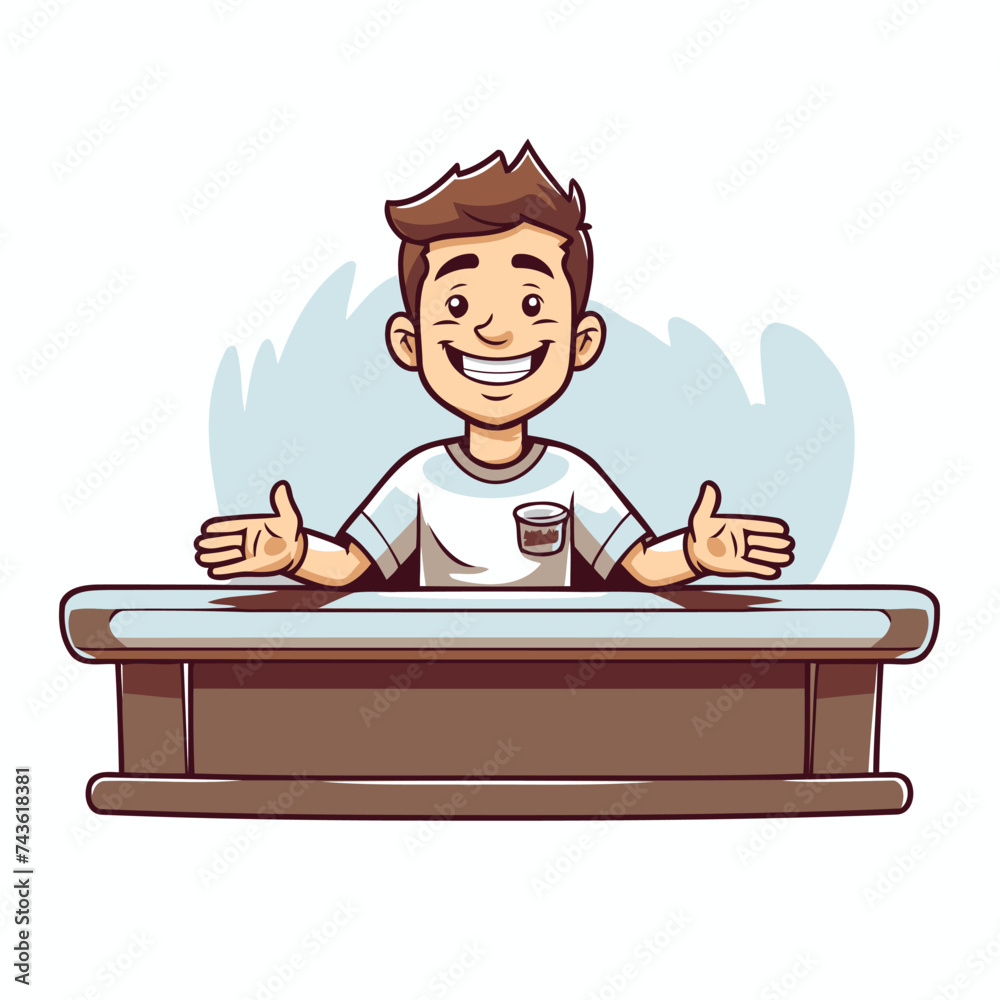 Young man sitting at table and showing thumbs up. Vector illustration.