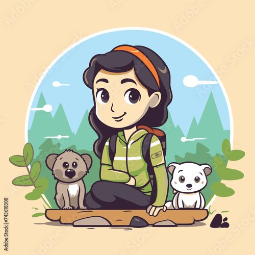 Girl with a backpack and a dog in the park. Vector illustration