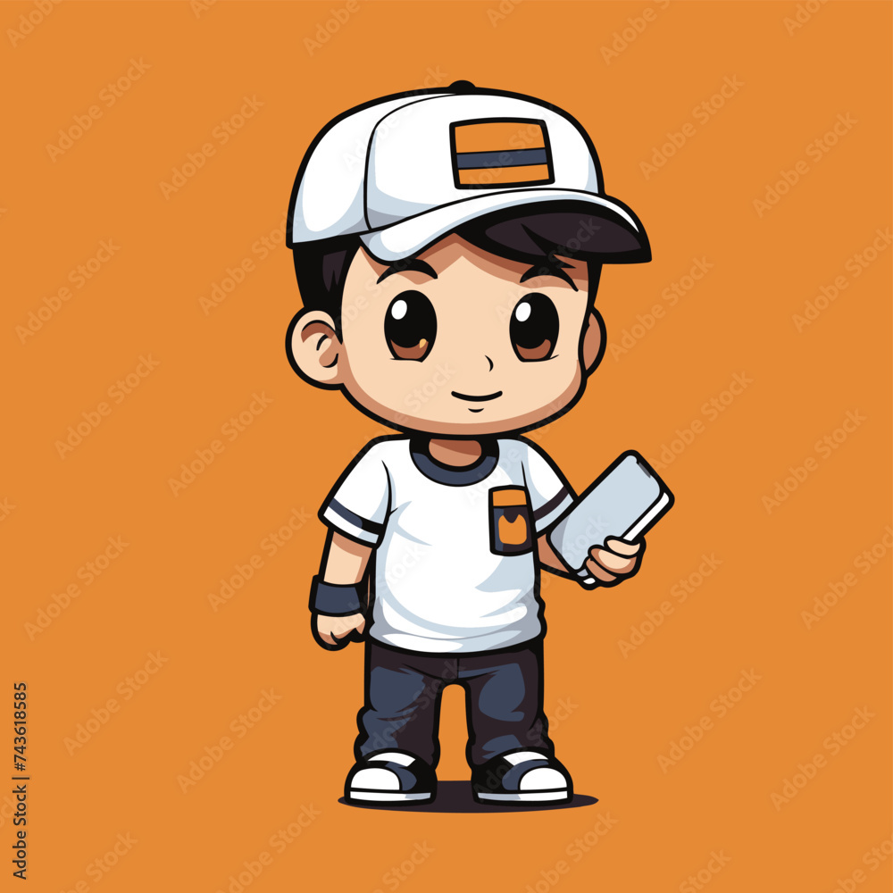 Cute boy with mobile phone over orange background. Vector illustration.