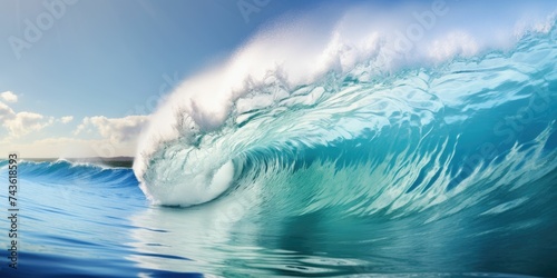 Close-up view of huge ocean waves and beautiful blue sea
