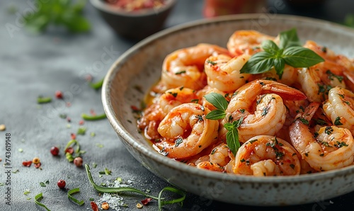 Delicious sauteed spicy shrimp  with lime and basilik. photo