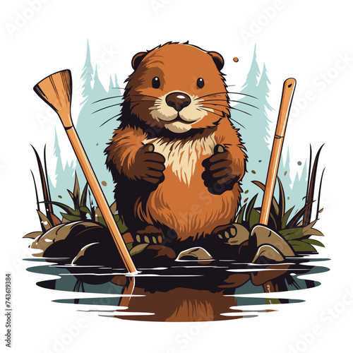 Cute beaver with a spear in the water. Vector illustration.