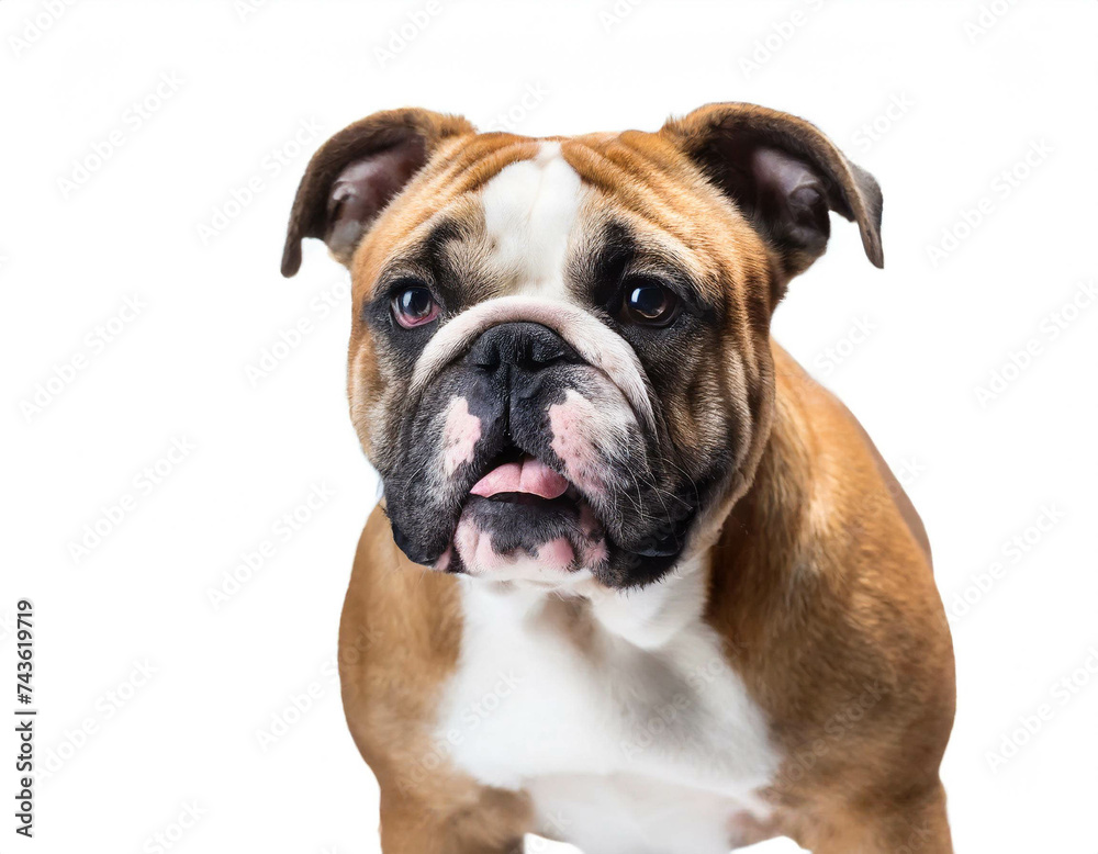 Bulldog hund stehend isoliert auf weißen Hintergrund, Freisteller