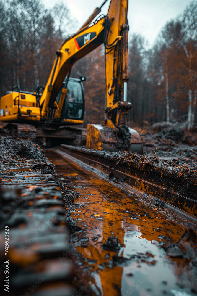 Yellow excavator scooping up dirt and debris at construction site Yellow excavator scooping up dirt and debris at construction site