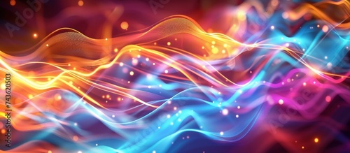 3d render of dynamic waves with blurry glowing neon lines background. AI generated image