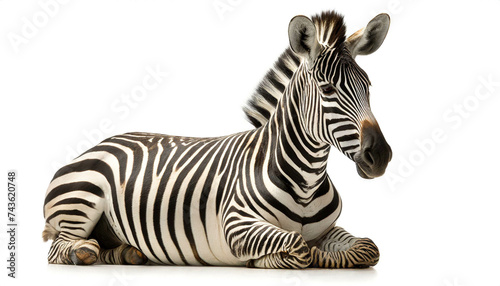Zebra liegend isoliert auf wei  en Hintergrund  Freisteller 