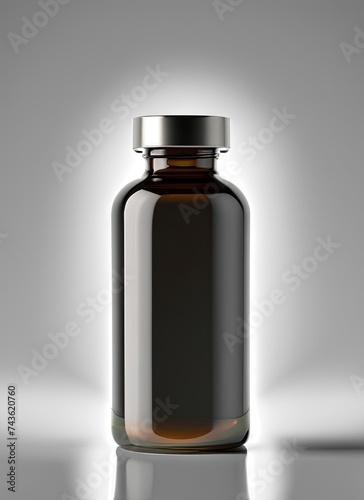 A glossy glass supplement bottle with a white background, illuminated by a single ray of light