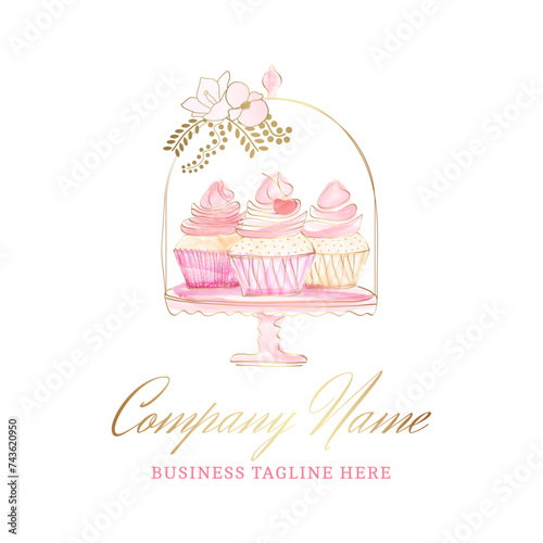 Beautiful Pink Cupcakes in Muffin Holder. Hand Drawn Watercolor Logo