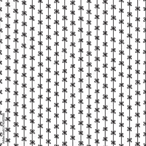 Hand-drawn pattern with flowers on a strip. Black and white seamless pattern