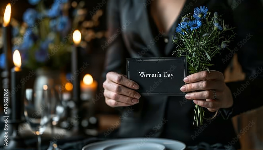 Handsome men celebrating women s day with flower and postcard, bright and happy concept Handsome men celebrating women s day with flower and postcard, bright and happy concept