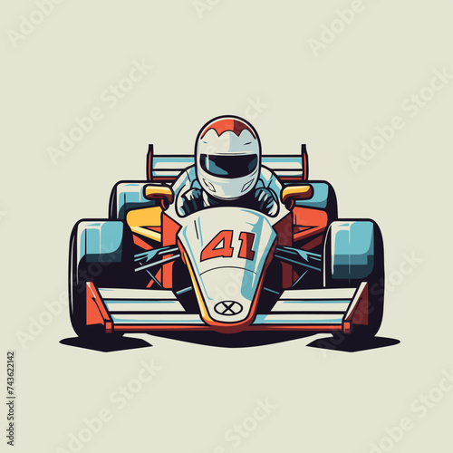 Cartoon racing car. Vector illustration of a racing car with helmet.