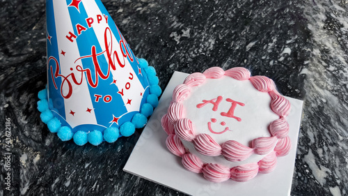 Slika na platnu Celebratory birthday concept featuring a festive hat and cake with AI inscriptio