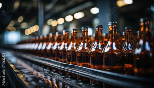 Industrial technological production of craft beer  automated conveyor line with beer bottles