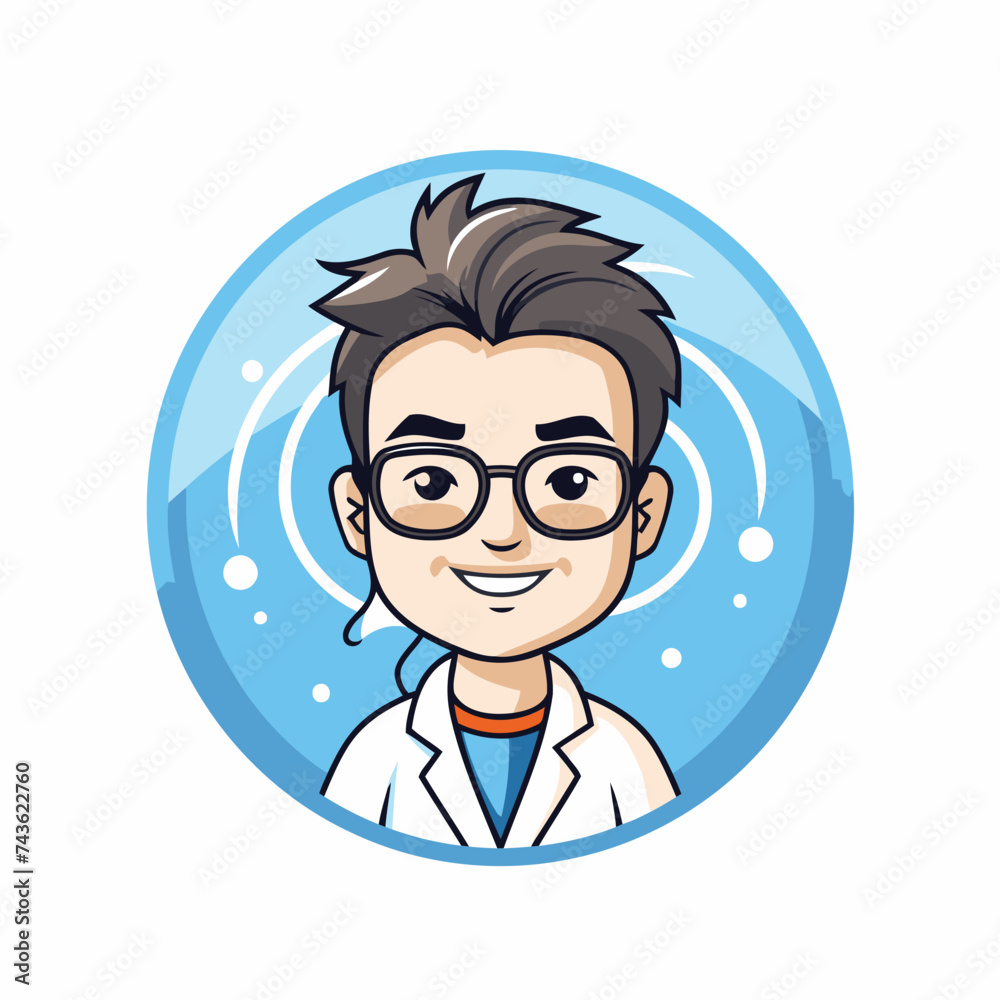 Vector illustration of a smiling boy in a medical coat and glasses.