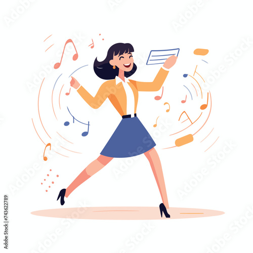 Young woman in a business suit dancing with notes. Flat vector illustration.