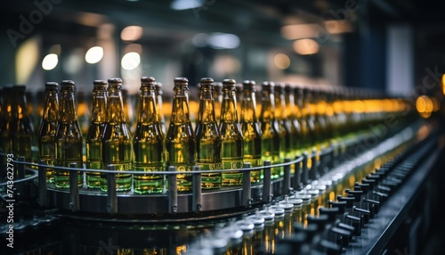 Industrial technological production of craft beer  automated conveyor line for bottling process photo