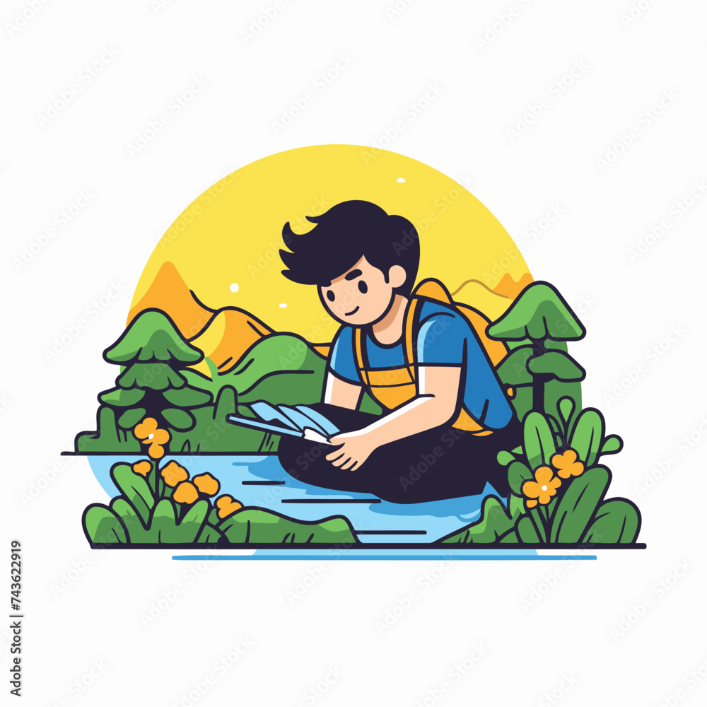 Boy reading a book on the river. Vector illustration in flat style