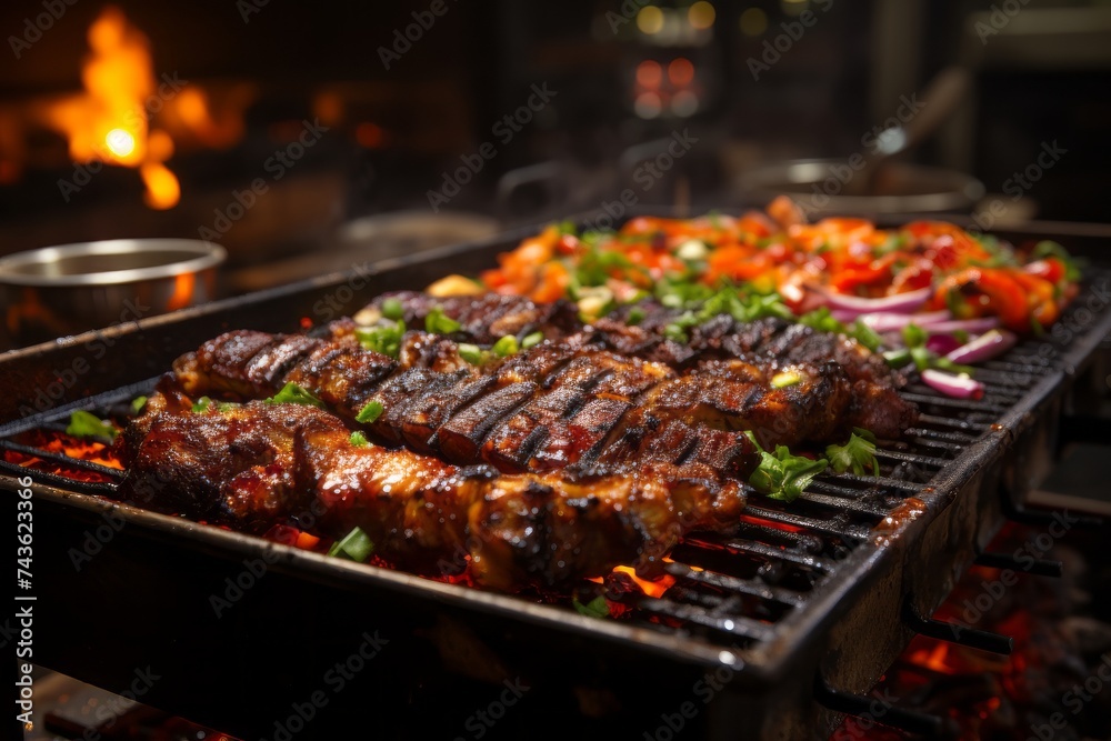 Barbecue meat with vegetables on the grill with flames