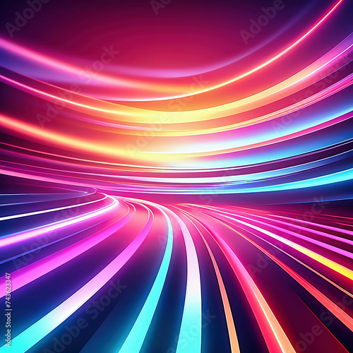 3d . Abstract panoramic background of twisted dynamic neon lines, in wave form