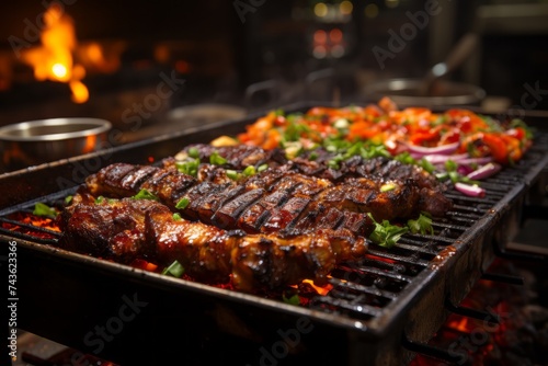 Barbecue meat with vegetables on the grill with flames