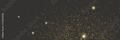 Gold glittering dust with stars on transparent backdrop
