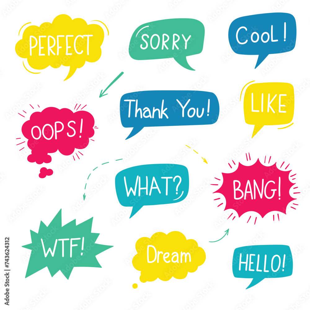 Fotografie Hand drawn speech bubbles with handwritten short phrases