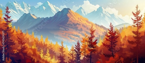 Panoramic mountains landscape during autumn scene in painting style. AI generated image © yusufadi
