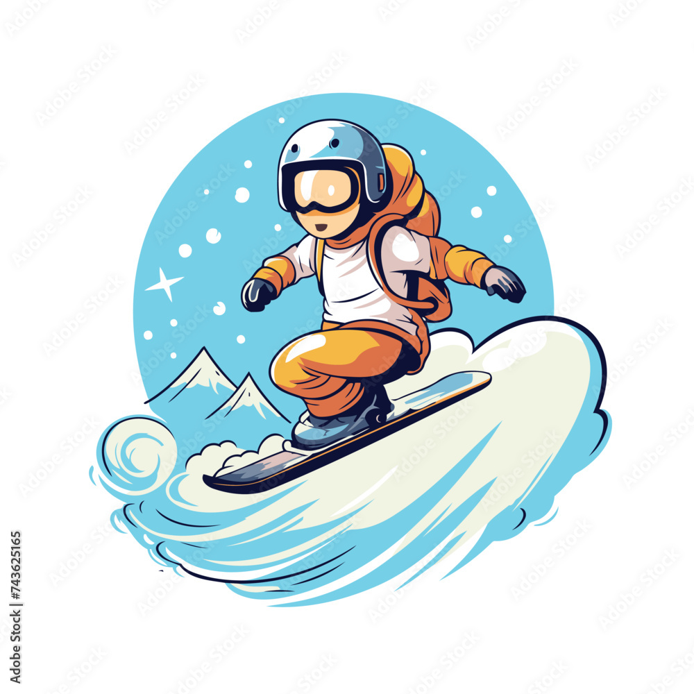 Snowboarder in helmet riding a snowboard. Vector illustration.