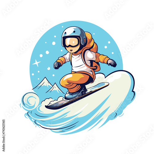 Snowboarder in helmet riding a snowboard. Vector illustration.