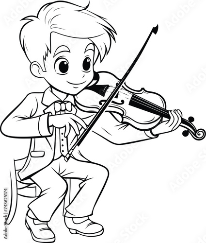 Boy playing violin - black and white vector illustration. isolated on white background.