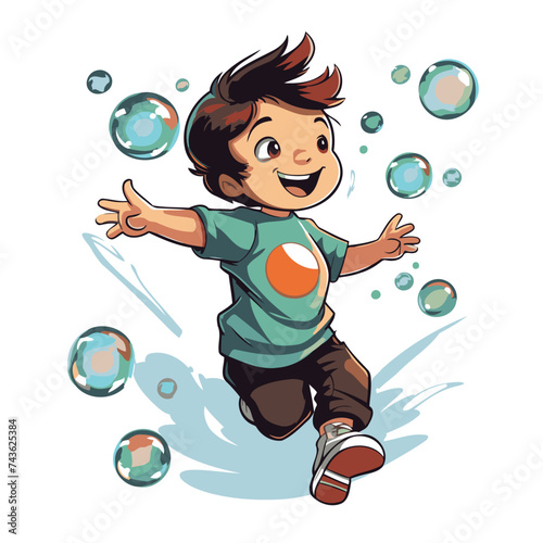 Cute little boy playing with soap bubbles. Vector cartoon illustration.