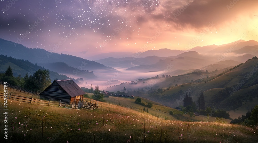 star studded mountains, in the style of rural landscapes mysterious