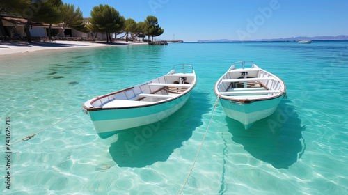 A warm sea with soft waves swinging boats on the surface of the water, like a dance under the mel photo