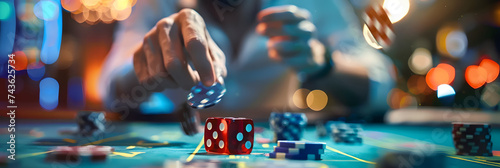 man at a casino table throwing dice, with blurred background.