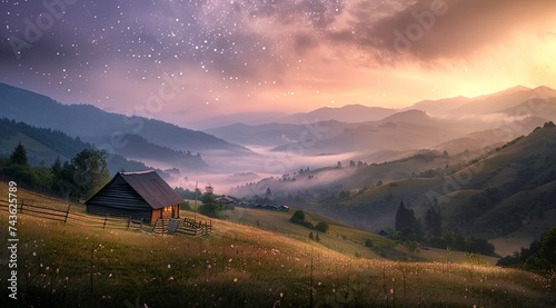 star studded mountains, in the style of rural landscapes mysterious