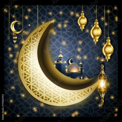 Islamic Greeting Cards for Muslim Holidays and Ramadan, Ramadan Kareem backdrop banner Gold lantern and moon on a blue banner